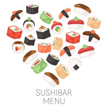 Suşi bar menüsü suşi restoranı vektör illüstrasyon posteri için geleneksel Japon yemekleri..