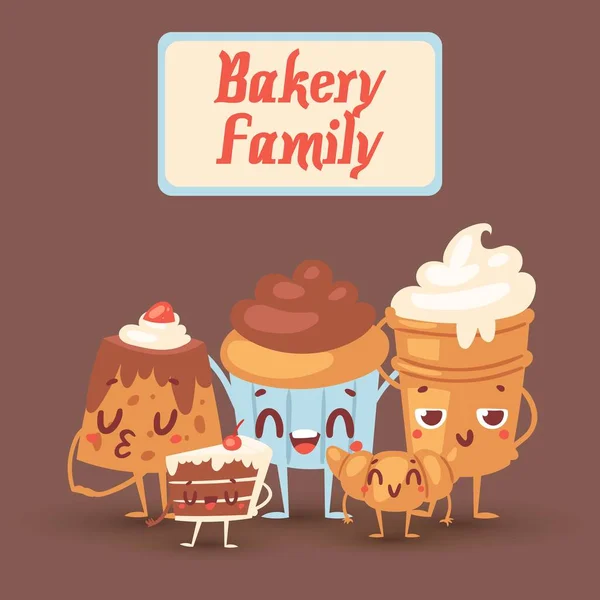 Милая пекарня Кавайи векторная иллюстрация семьи с вкусными тортами, печеньем, хлебом и кексами с глазами. Смешные улыбающиеся персонажи мультфильмов для булочных или кафе . — стоковый вектор