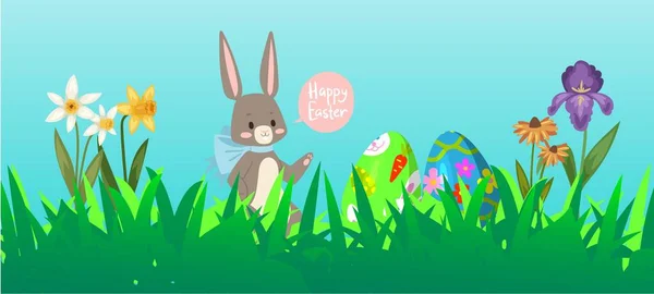 Velikonoční králík pozadí s roztomilými zajíčky, baby králík a tráva, jarní květiny, barevné vejce kreslené vektorové ilustrace. — Stockový vektor