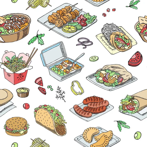 Straat en fast food, junk food bakkerij hamburger, hotdog, frietjes, bagel, donut gegraveerde vector naadloze patroon illustratie. — Stockvector