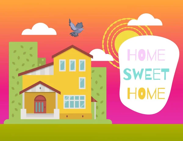 Home sweet home kids colorful cute card with houses, town and typography, cartoon vector illustration. — Stock Vector
