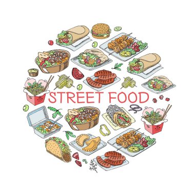 Sokak ve fast food afişi, abur cubur hamburgeri, sosisli sandviç, patates kızartması, simit, oymalı vektör çizimi.