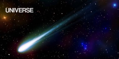 Evrenin sonsuz uzay arkaplanı parlayan yıldızlar ve derinlik yanılsaması ve perspektif çizimi ile göktaşı.