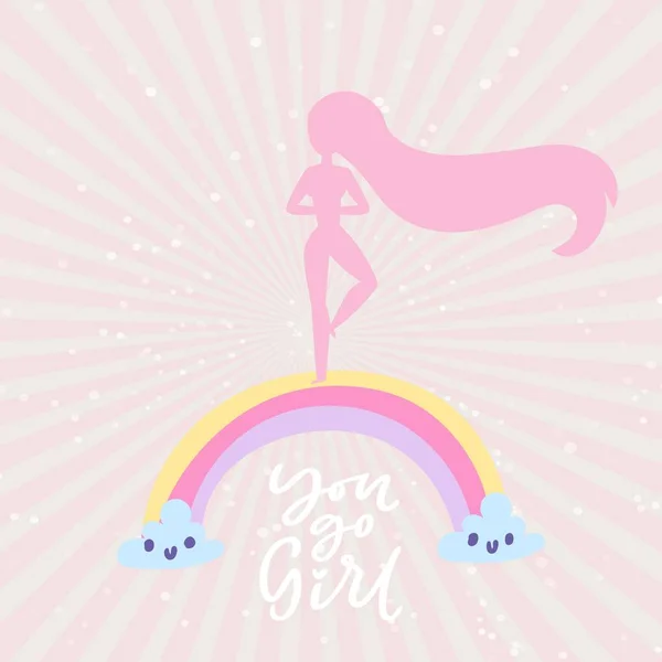 一个粉红背景的女人的女性轮廓与彩虹为妇女节，你去女孩字母矢量幻觉. — 图库矢量图片