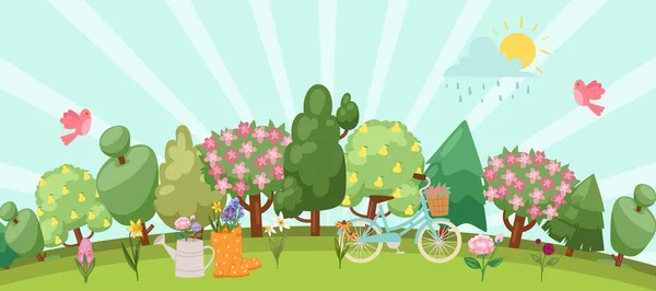 สวนฤดูใบไม้ผลิ แนวคิดอีสเตอร์กับนก, ต้นไม้ดอกไม้, หญ้า, ดันเดลีออนและดอกเดซี่ในรองเท้าหมากฝรั่งและกระป๋องรดน้ํา, ภาพเวกเตอร์การ์ตูนจักรยาน . — ภาพเวกเตอร์สต็อก