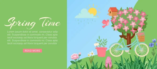 Primavera tempo no jardim web banner com pássaros, árvores florescentes, grama, dentes-de-leão e margaridas, ilustração de vetor de desenhos animados de bicicleta . — Vetor de Stock