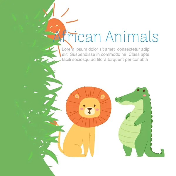 Afrykański dżungla zwierzęta lew i krokodyl dla słodkie dziecko plakat wektor ilustracja. — Wektor stockowy