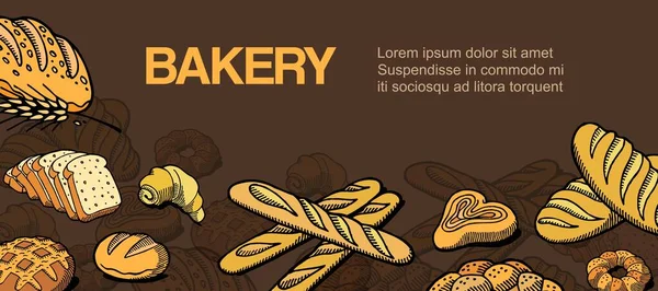 Vektorový náčrt pekárny a cukrárny, bochník, bagetová pekárna s čerstvým pečivem. — Stockový vektor