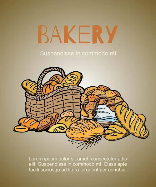 Pekařství a domácí pekárna vektorové ilustrace skica, bochník, bageta v košíku pekárna s čerstvým pečivem. — Stockový vektor