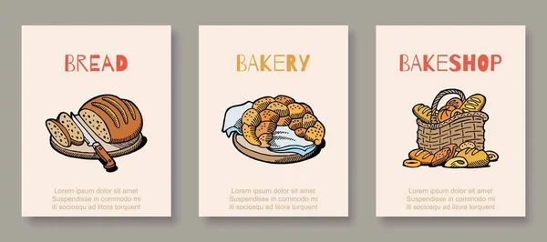 Pekárna a pekárna, pekařské transparenty set vektorové ilustrace skica, bochník, bageta pekárna s čerstvým pečivem. — Stockový vektor