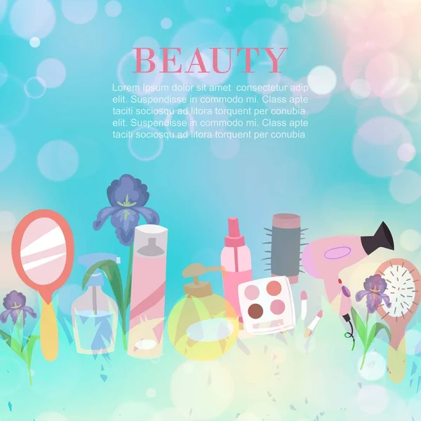 Salon de beauté ou boutique, présentation cosmétique avec accessoires de maquillage sur fond bokeh illustration vectorielle . — Image vectorielle