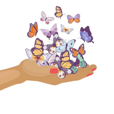 Kadınların üzerinde uçan kelebekler güzel bahar ve yaz böcekleri vektör çizimi.