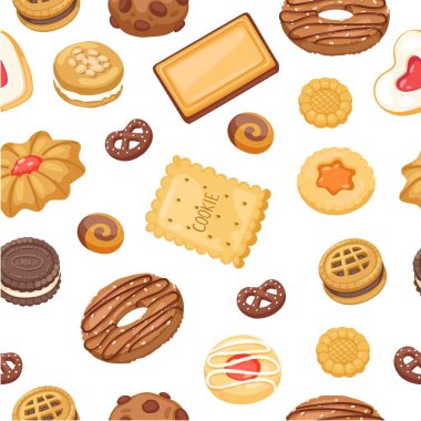 Farklı çikolatalı ve bisküvili kurabiyelerin, zencefilli ekmeğin ve waffle 'ın kusursuz deseni, vektör illüstrasyonu..