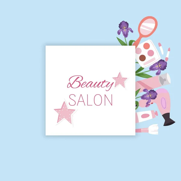 Banner de salão de beleza com cosméticos, maquiagem e acessórios para corte de cabelo ilustração vetorial . — Vetor de Stock