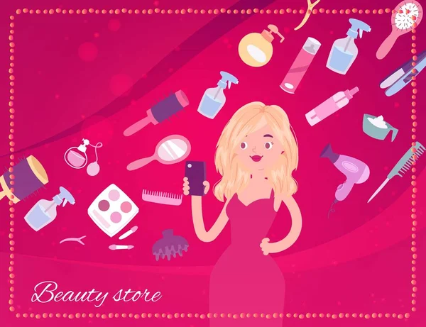 Banner de la tienda de belleza con cosméticos, accesorios de maquillaje, ventilador, pinceles y hermosa niña ilustración vectorial de dibujos animados . — Archivo Imágenes Vectoriales