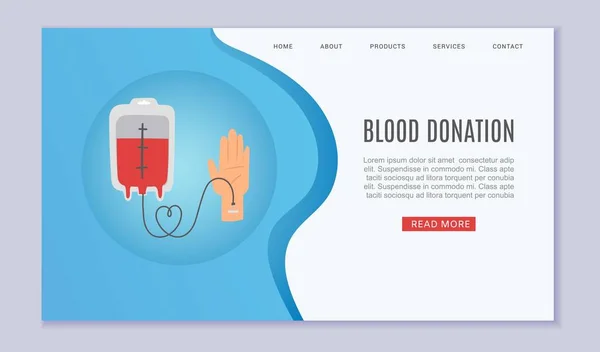 Plantilla web de donación de sangre con donantes de mano y tubo sanguíneo, salvamento y asistencia hospitalaria ilustración vectorial . — Vector de stock