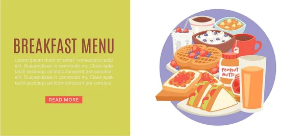 Menù colazione banner web americano con pane e burro, caffè, succo d'arancia, burro di perle, illustrazione vettoriale farina d'avena . — Vettoriale Stock