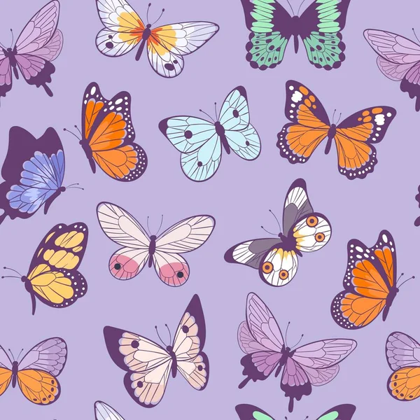 Vlinders naadloos patroon vliegen mooie lente en zomer insecten vector cartoon illustratie. — Stockvector