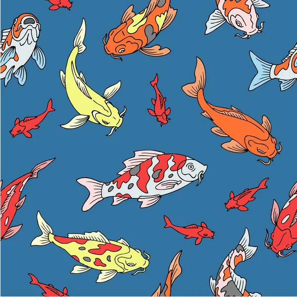 Carpes japonaises motif sans couture koï, poissons nageant dans l'eau étang bleu dessin animé oriental vecteur illustration . — Image vectorielle