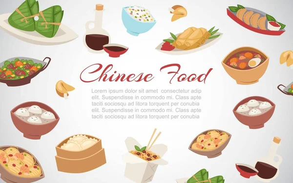 Cibo cinese, cucina asiatica di strada e ristorante piatti banner cartone animato vettoriale illustrazione . — Vettoriale Stock