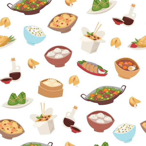 Comida china, asiático calle y restaurante cocina platos semless patrón de dibujos animados vector ilustración . — Vector de stock