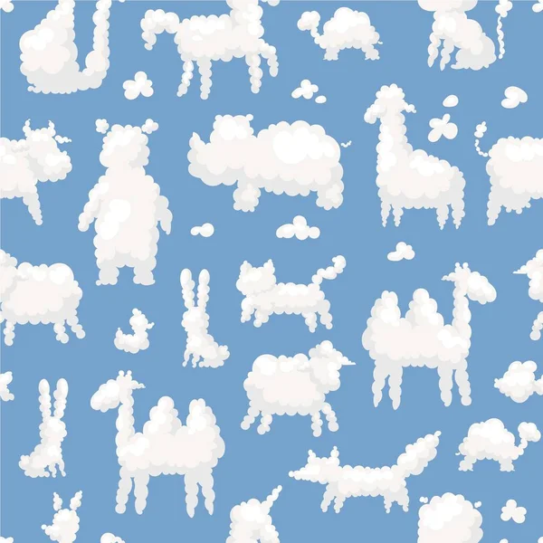 Chmury zwierząt kształty płynny wzór z owiec, niedźwiedź, wielbłąd, królik i lis na niebie wektor ilustracji. — Wektor stockowy
