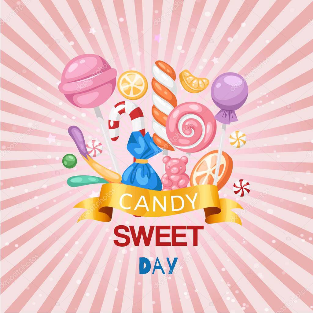 Candy sweet day confectionery retro background with lollipop, caramel and jelly cartoon vector illustration poster.