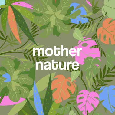 Tropikal yapraklar, yoğun orman arka planında doğa ana vektör illüstrasyonundan alıntı.