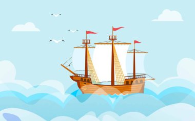 Geniş denizde ya da okyanusta yelkenli. Denizcilik karikatür vektörü. Okyanus manzarası..