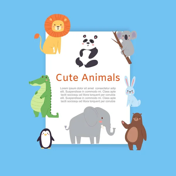 Cute safari i dżungli zwierząt lew, niedźwiedź panda, słoń i krokodyl dla dzieci, plakat dziecko wektor ilustracja. — Wektor stockowy