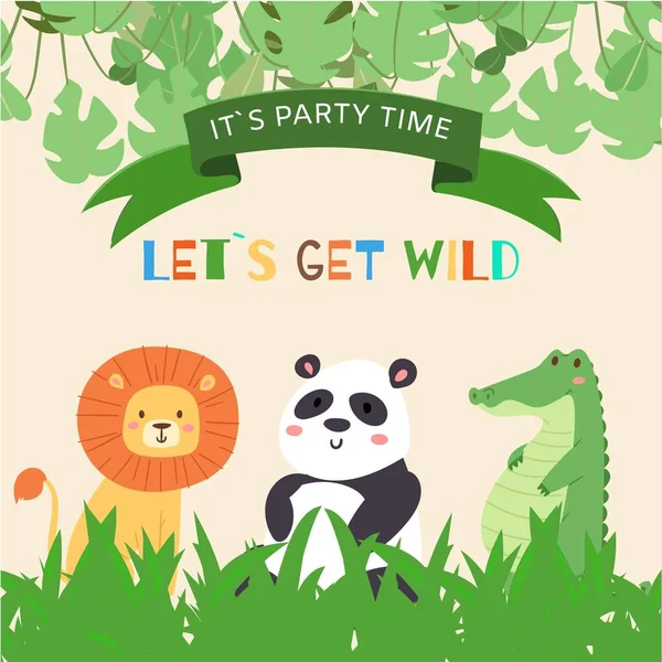 Animali carini leone, panda e coccodrillo per invito a festa per bambini, illustrazione vettoriale poster bambino . — Vettoriale Stock