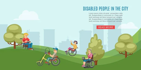 Disabled people in city park handicapped invalids on wheelchair cartoon vector illustration.