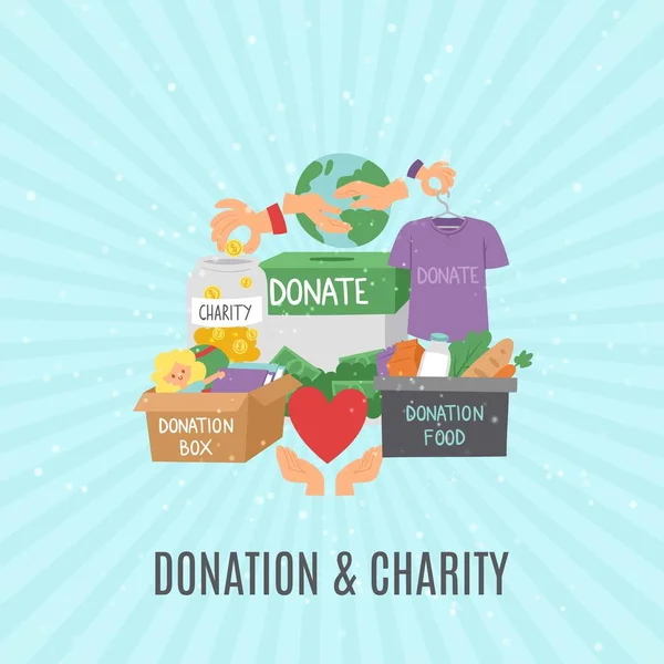 Donar y ayudar a los símbolos, organización benéfica, corazón iconos planos conjunto de alimentos y ropa donación ilustración vector de dibujos animados . — Vector de stock