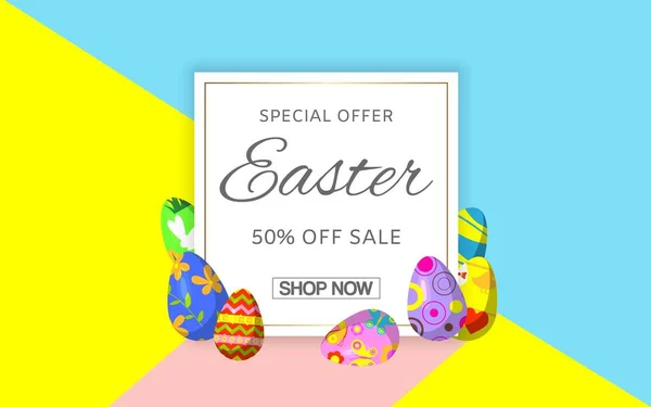 Venta de Pascua con huevos de Pascua bandera de caza para ofertas especiales, tienda ahora ilustración vector de dibujos animados . — Vector de stock