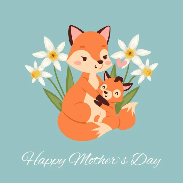 Moederdag met vos en zijn baby vos kaart met mooie lente bloemen cartoon vector illustratie. — Stockvector