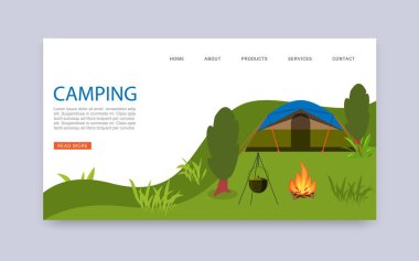 Doğa Seyahat Ajansı 'nın web şablonunda kamp yapmak. Kamp yeri, çadır ve şenlik ateşi. Yaz kampı. Ulusal park alanı seyahat kampı web sitesi.