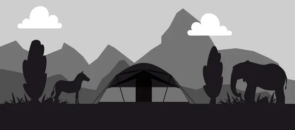 Lugar do acampamento em safari ilustração vetor silhueta preto e branco. Paisagem de acampamento com tenda, cavalo e elefante. Local de acampamento natureza safari exótico . —  Vetores de Stock