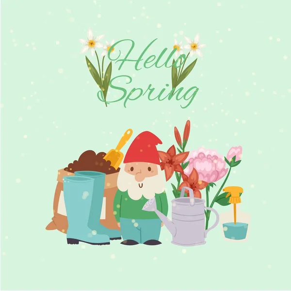 Spring time gardening concept with gnome, gum boots and watering can, grass, dandelions and daisies cartoon vector illustration. — Stock Vector