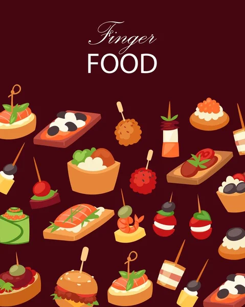 Finger food con gamberetti, pesce, olive e verdure verdi antipasto, tartine, tapas sul piatto, illustrazione vettoriale sfondo cartone animato . — Vettoriale Stock