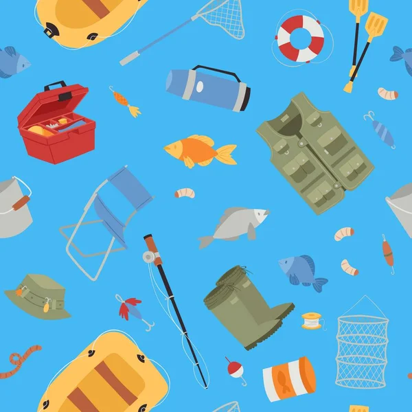 Angelausrüstung Hintergrund mit Angelrute, Haken, Köder, Fisch und Boot, Fischerwerkzeuge nahtlose Muster Vektor Cartoon Illustration. — Stockvektor