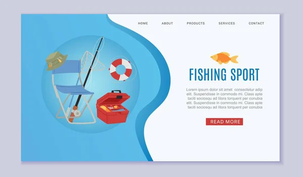 Equipamentos de pesca com haste de pesca, ganchos, isca, peixe e barco, fisher tools web template vector cartoon illustration . — Vetor de Stock