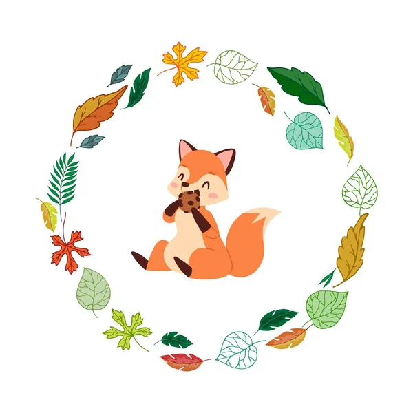 Roztomilé lišky a podzimní listí kulatý rám karikatura dětský vektor ilustrace. — Stockový vektor