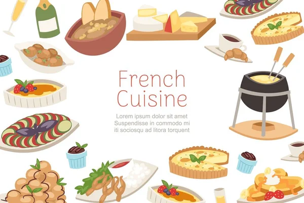 Französische Küche, nationales Menü von französischen Speisen für Restaurant Cartoon Banner Vektor Illustration. — Stockvektor