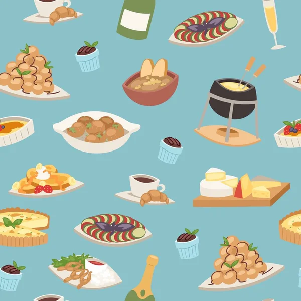 Französische Küche nahtloses Muster, nationales Menü französischer Speisen für Restaurant-Vektorillustration. — Stockvektor