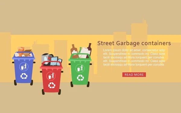 Recipientes de lixeiras para reciclagem, lixo, triagem de resíduos - plástico, vidro, metal, papel ilustração vetorial banner web . —  Vetores de Stock