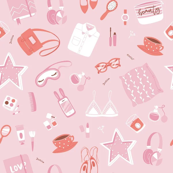 Accesorios niñas patern sin costura rosa con maquillaje, bolsas estrella, cosméticos, calzado y carteras ilustración vector de dibujos animados . — Vector de stock
