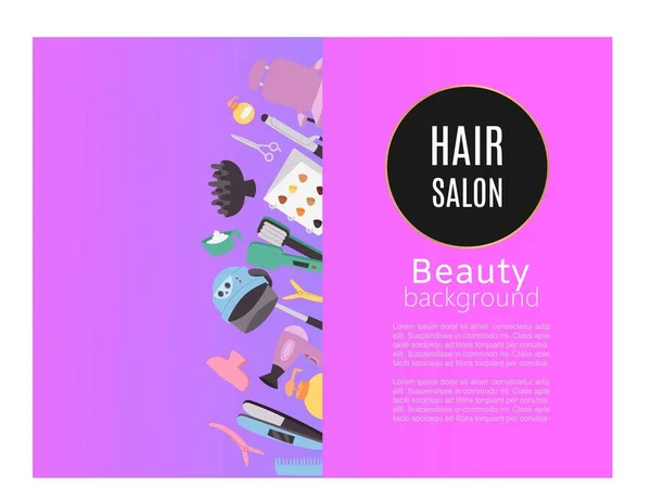 Salon de coiffure de beauté, affiche studio avec outils coiffeurs, ventilateur, brosses et illustration vectorielle de shampooing en style dessin animé plat . — Image vectorielle