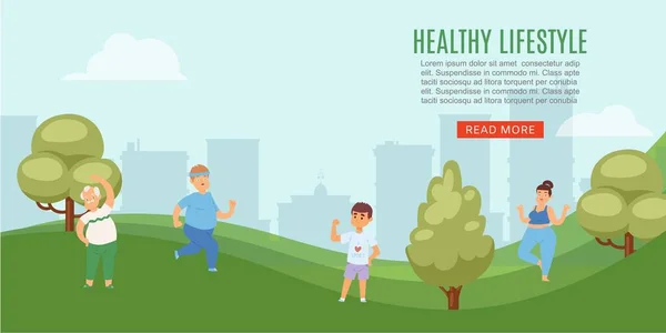 Vida saludable personas en el parque de la ciudad haciendo ejercicios deportivos, yoga, trotar y caminar ilustración vector de dibujos animados . — Vector de stock