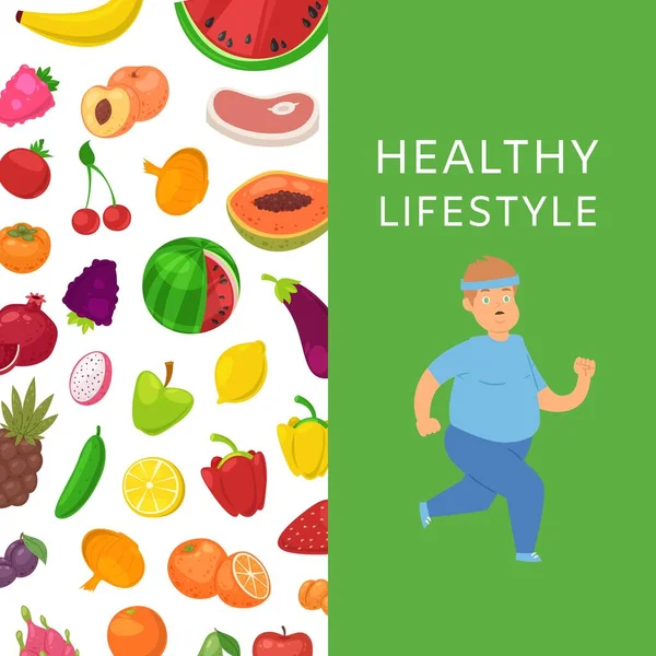 Διατροφή και καλή φυσική κατάσταση των νωπών φρούτων για τους παχύσαρκους, υγιεινό τρόπο ζωής, καρδιο, αθλητισμός και χαμηλές θερμίδες τροφίμων διανυσματική απεικόνιση. — Διανυσματικό Αρχείο
