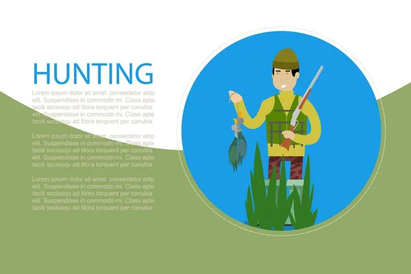 Hunting banner with hunter holding rifle and ducks cartoon vector illustration. — Stock Vector